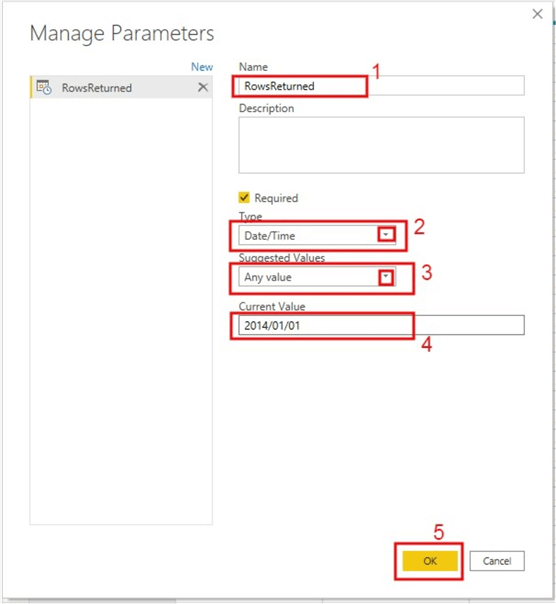 Screenshot showing how to create parameters for date value