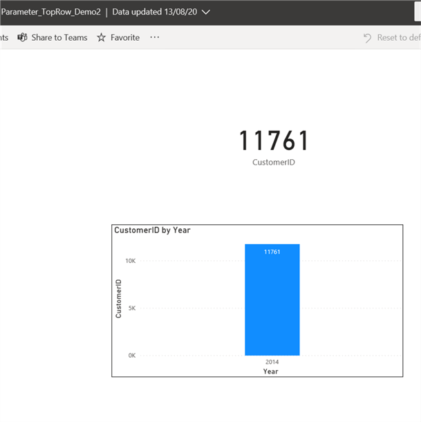 Screenshot showing card visual and Column chart visual of total number of rows after initial publishing to Power BI service