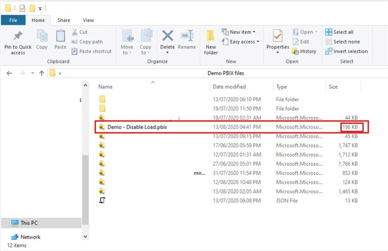 Screenshot showing final size of model after disabling some queries