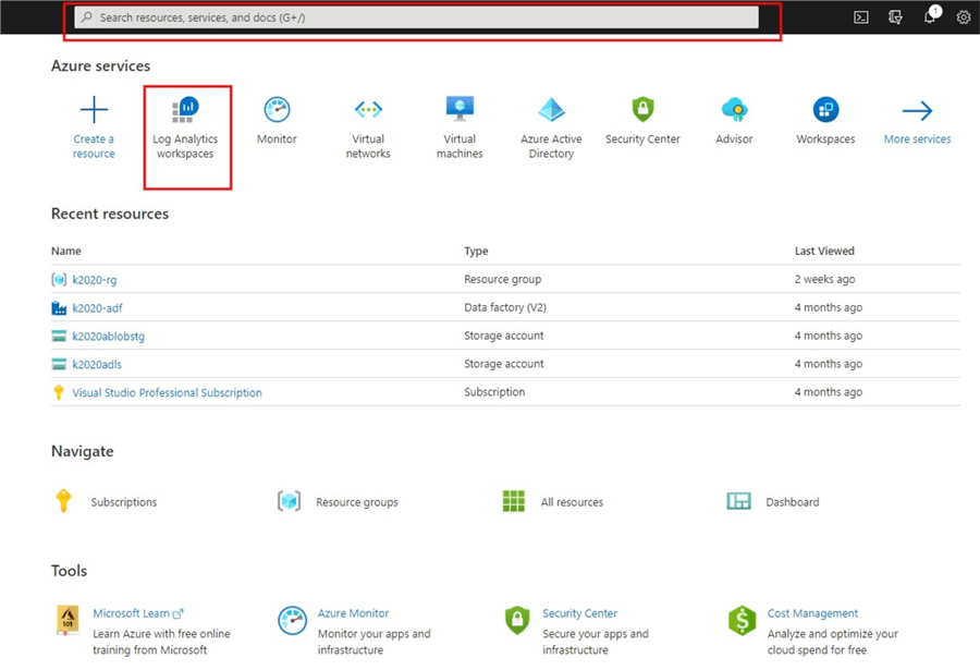 Snapshot showing how to navigate to Log Analytics workspace environment