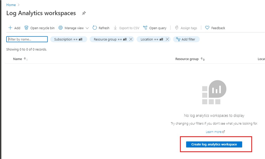 Snapshot showing how to create a new Log Analytics workspace