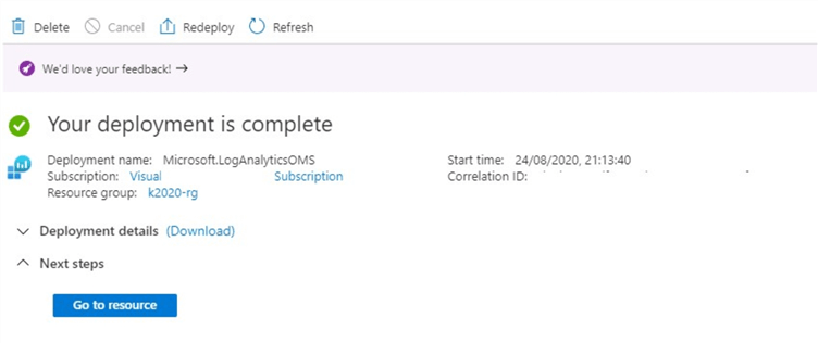 Snapshot showing new Log Analytics workspace deployment is completed