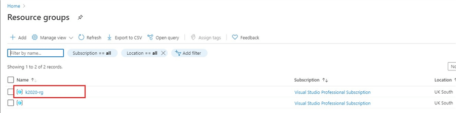 Snapshot showing navigation to existing Resource group.