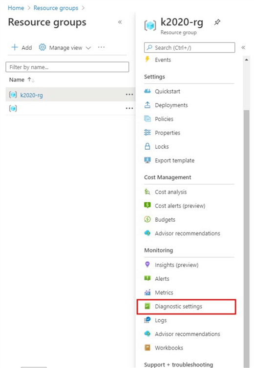 Snapshot showing how to navigate to Diagnostic settings
