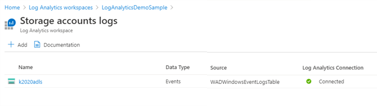 Snapshot showing how to verify the connection of a resource to the log analytics