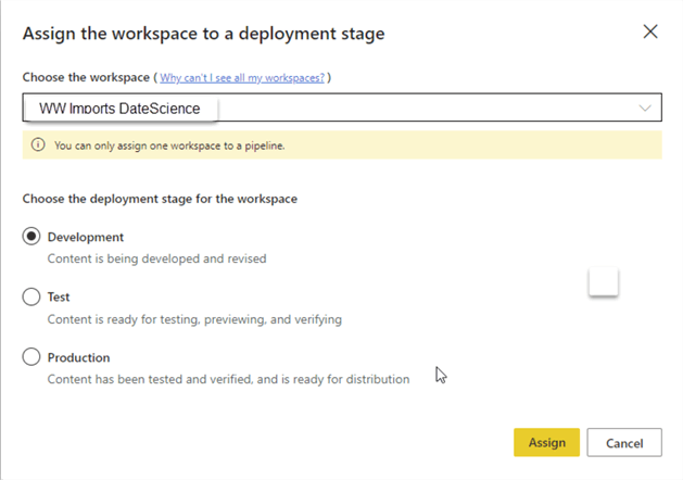 Assign a workspace to a pipeline.