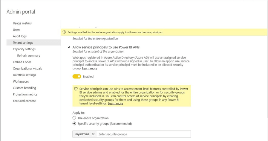 Manage Power BI Workspaces - Power BI Admin - Tenant Settings for API