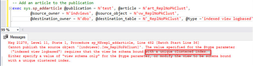 sp_addarticle error - indexed view without unique clustered index