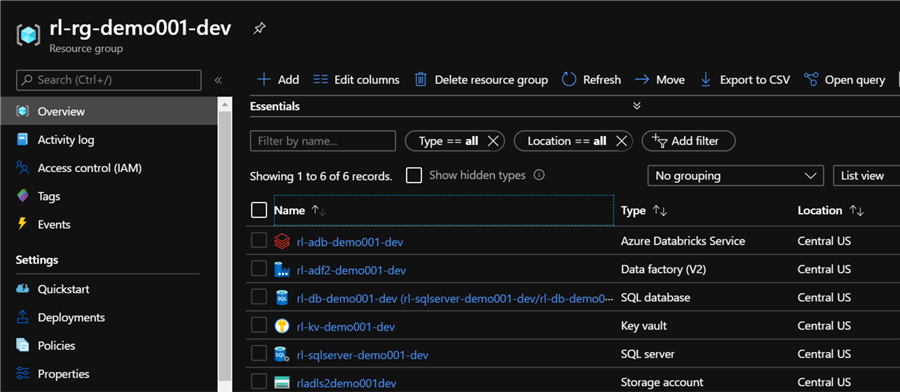 DeployResourceRG Image of deployed resource in the resource group.