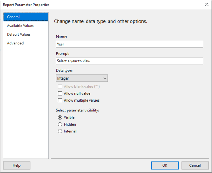report parameter properties