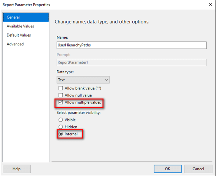 report parameter properties