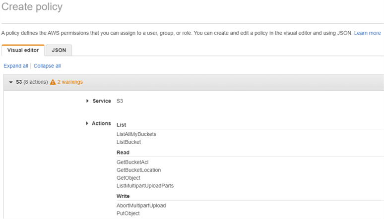 Assigning permissions to the IAM policy