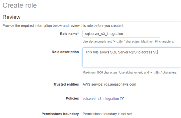 Saving the IAM role with a name and description
