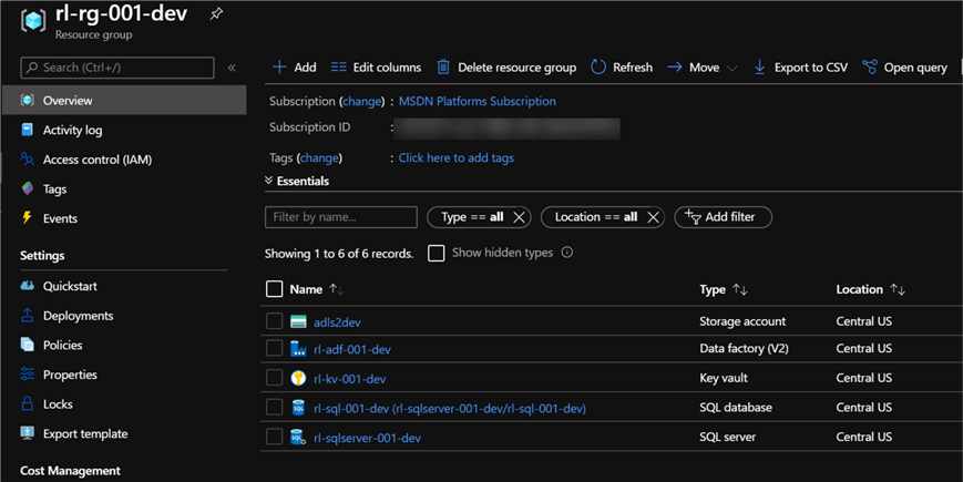 devRG Dev Resource group resource list