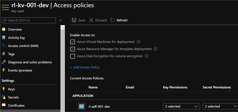 DevAccessPolicies ADF added to access policies for dev KV