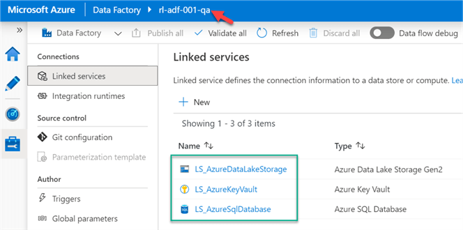 ADFQaLinkedServices List of ADF QA Linked Services created from the pipeline run. 