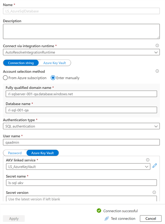 LS_SQLDB SQL Server and DB linked service connections pointing to QA connections.