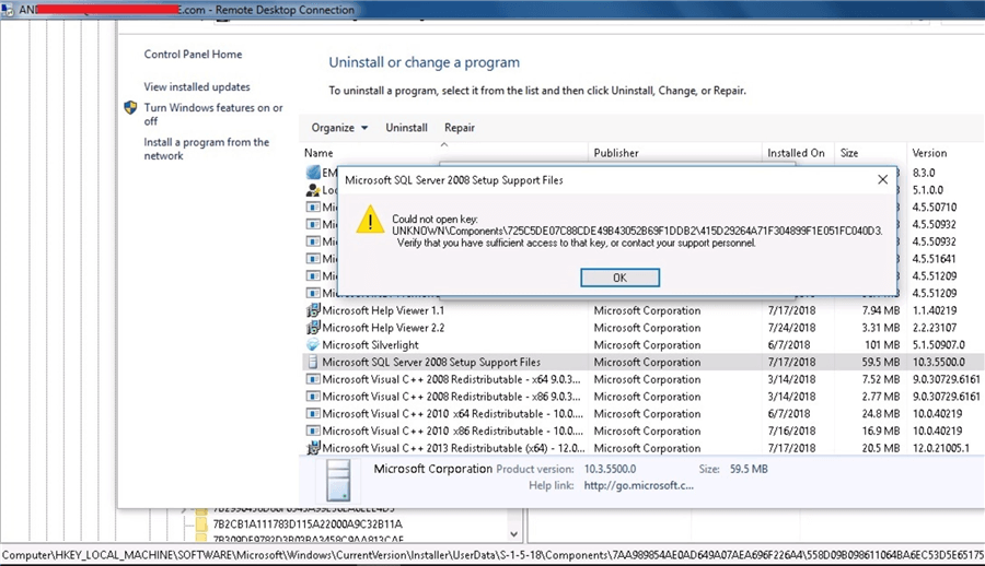 SQL Server Uninstallation Error Could Not Open Key