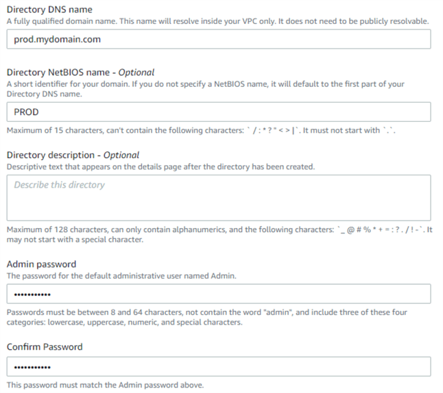 Specifying directory FQDN, NetBIOS name and Admin password.