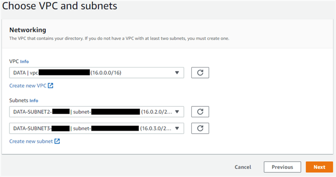 Selecting the VPC and subnets for the Active Directory.