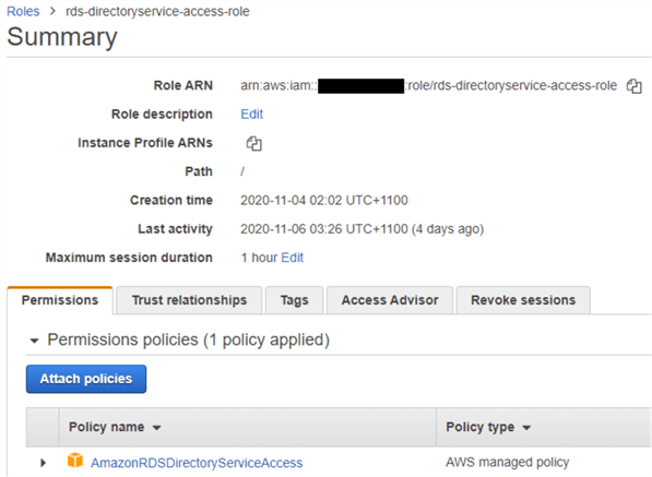 Integrating RDS SQL Server with Amazon Managed Microsoft AD creates a role