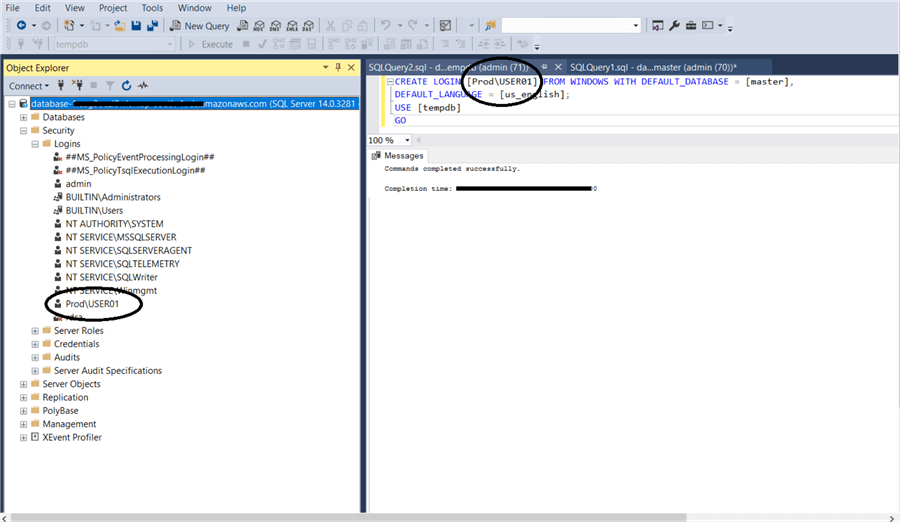 Creating a login for the Windows user.