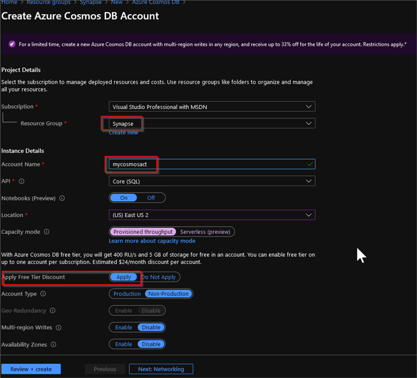 create azure cosmos db account