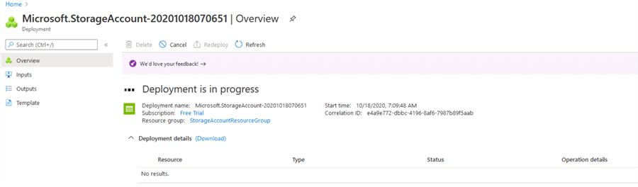 deployment for the storage account