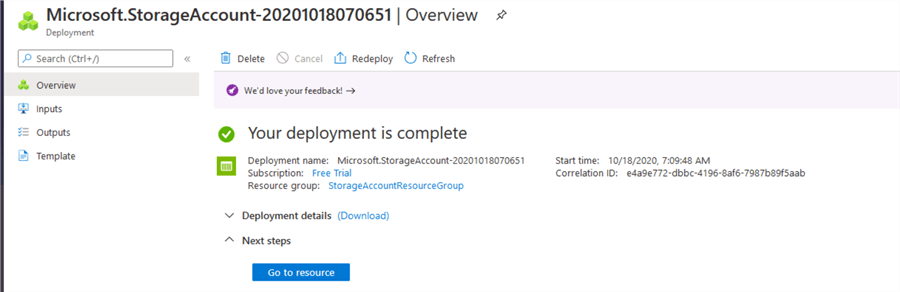 Go to resource to open the storage account
