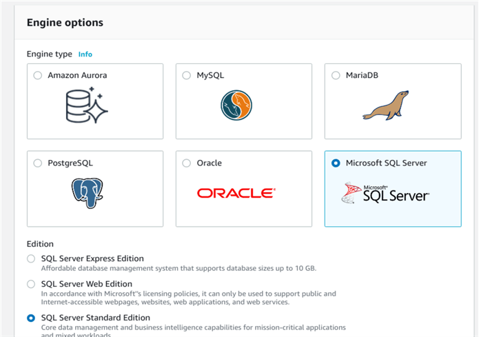 Selecting RDS database engine and edition