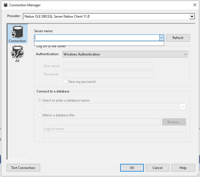 Connection details for OLEDB SQL Server native client