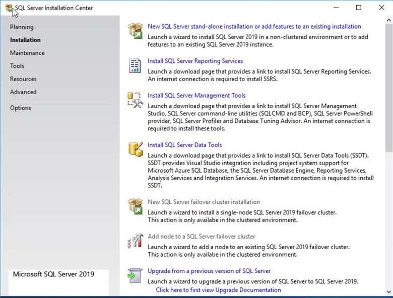 sql server installation center