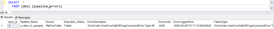 Azure Data Factory Pipeline Logging Error Details