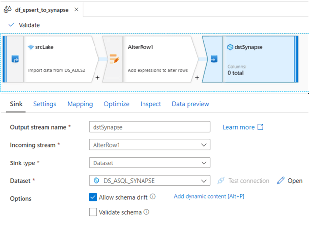 df_upsert_to_synapse_dst_sink DST data flow sink  for upsert