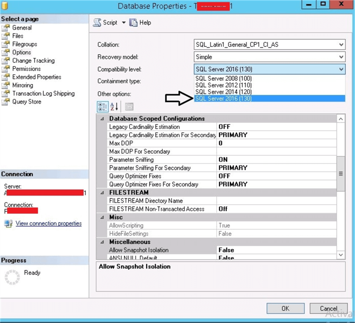 database compatibility settings