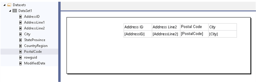 Adding fields from a dataset to the table component in report designer