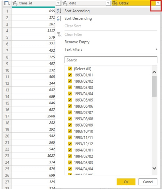 Diagram showing a view of the corrected values in the column created with Column from Examples