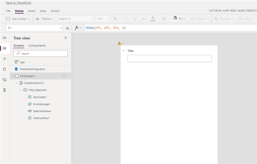 The Power Apps studio when editing a SharePoint Online list form. 