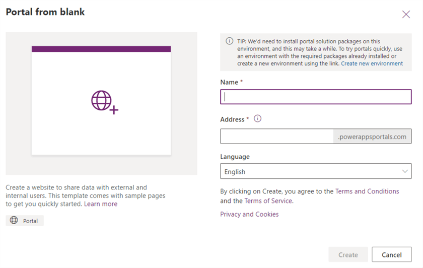 Power Apps portal creation pop-up.