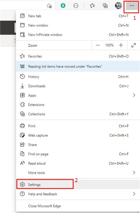Diagram showing navigation to Settings page in in Edge browser