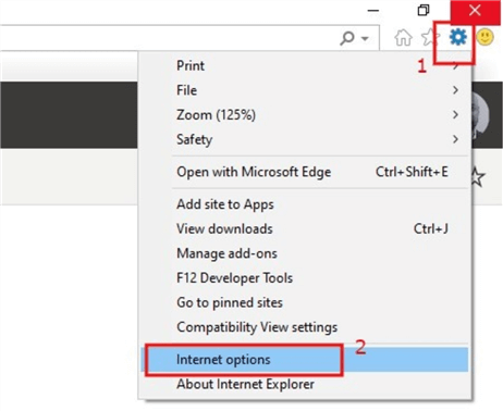 Diagram showing navigation to Settings page in in Internet Explorer browser