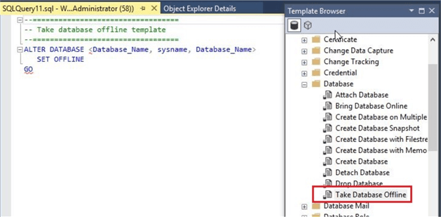 SSMS Template Browser for Take Database Offline