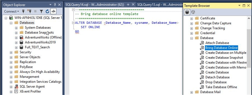 SSMS Template Explorer for Bring Database Online