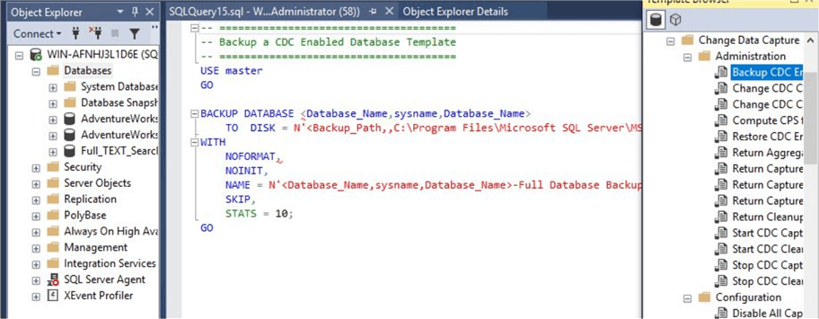 SSMS Template Explore for Change Data Capture to Backup Database