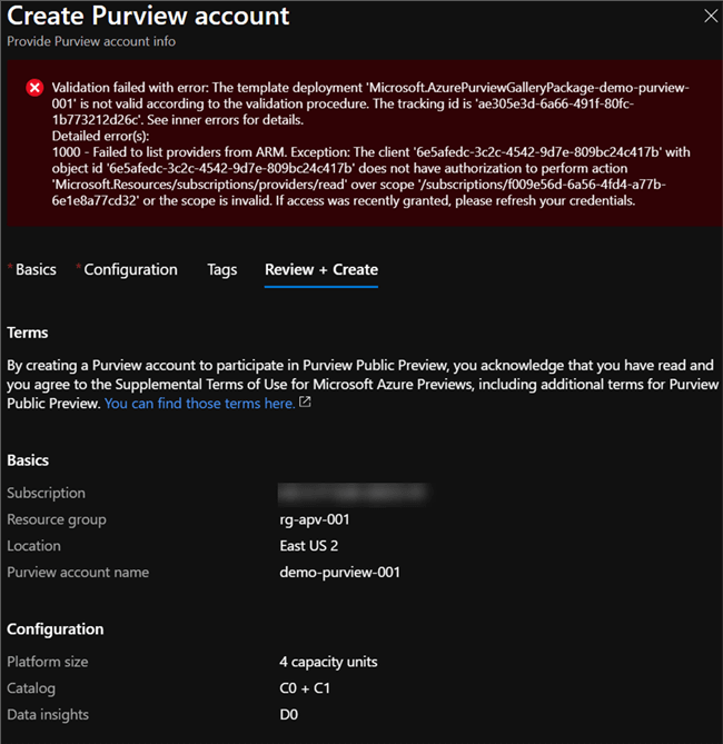 CreatePurviewError Error when creating new purview