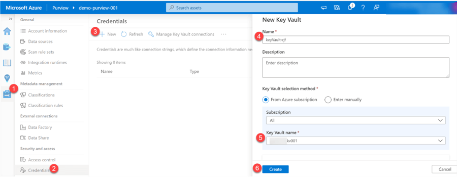 PurviewCredentials Steps to register purview credentials and key vault