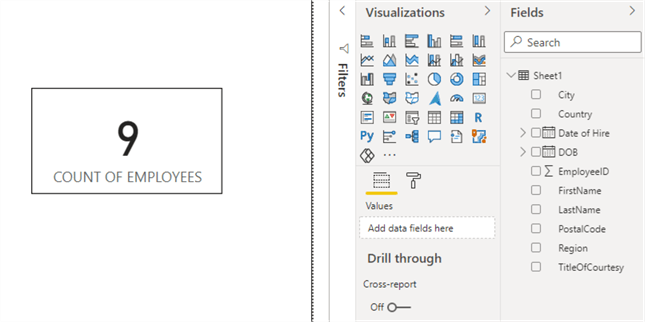 Power BI card visual showing count of employees