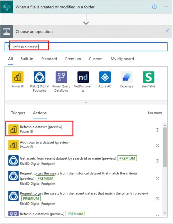 Configuring a Power BI dataset refresh flow step 1