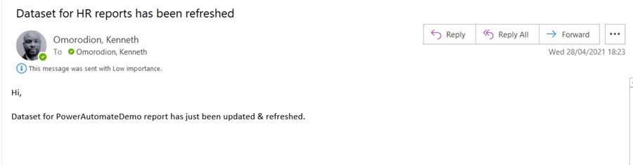 Email alert sent to Outlook account