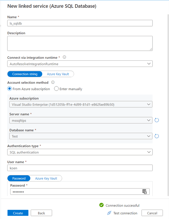 linked service for azure sql db